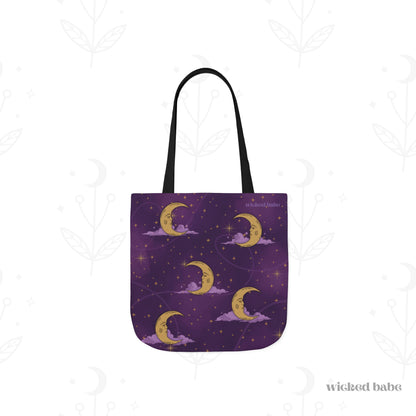 The front of a 13x13 inch tote bag with purple celestial sky with gold crescent moon and stars