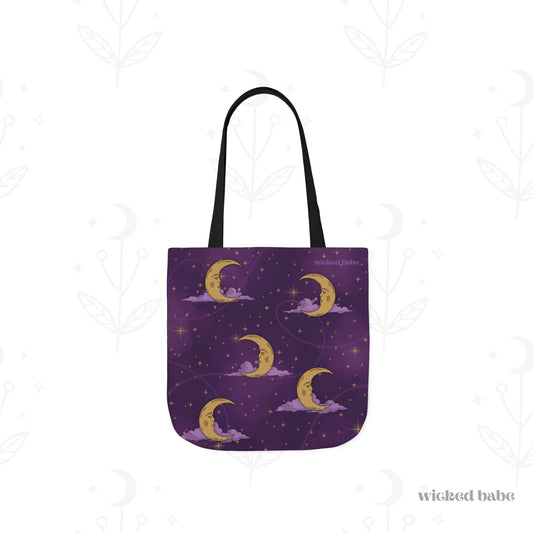 The front of a 13x13 inch tote bag with purple celestial sky with gold crescent moon and stars