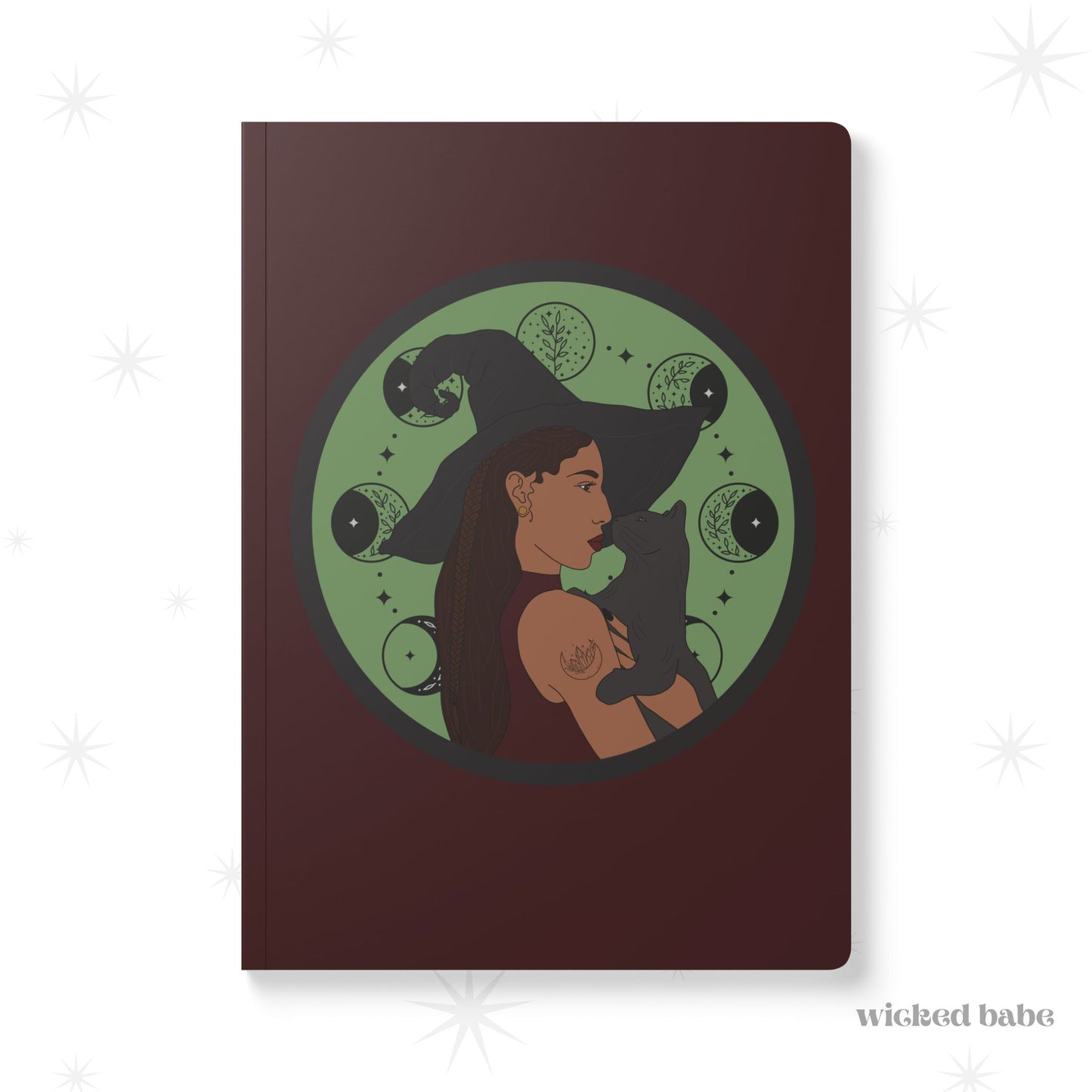 Witchy Woman Journal in Burgundy - Celestial Witch and Black Cat Notebook