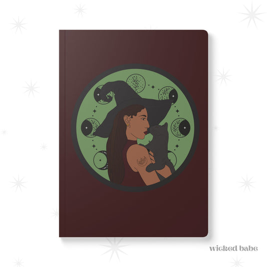 Witchy Woman Journal in Burgundy - Celestial Witch and Black Cat Notebook