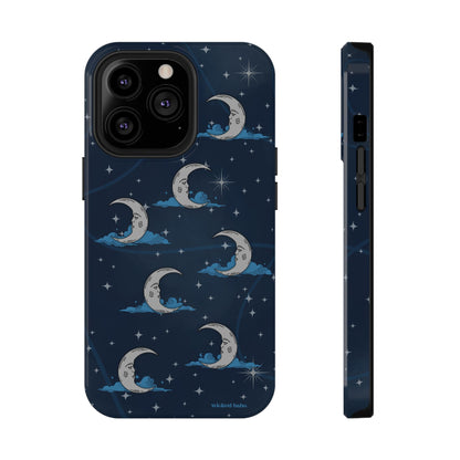 Whimsical Moonlit Sky Blue & Silver Phone Case - Celestial Moon and Stars iPhone Samsung