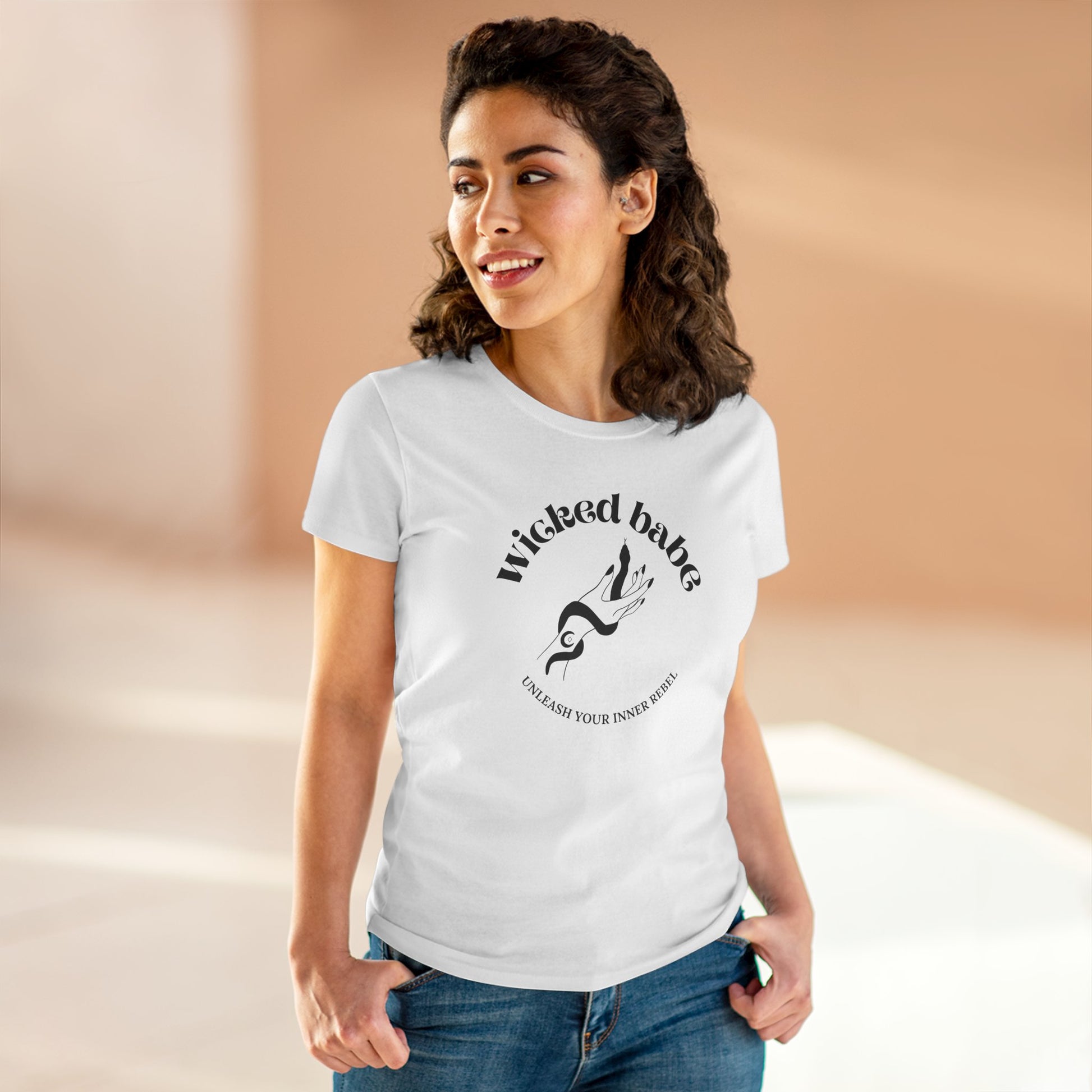 Woman wearing a white short sleeve crewneck t-shirt with wicked babe hand with serpent logo in black on the front