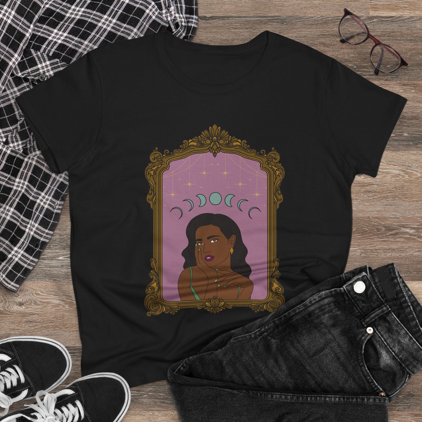 Divine In All Her Phases T-Shirt - Womens Celestial Graphic Tee, Semi-Fitted Cotton Shirt