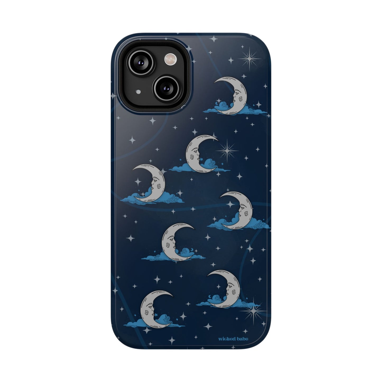 Whimsical Moonlit Sky Blue & Silver Phone Case - Celestial Moon and Stars iPhone Samsung