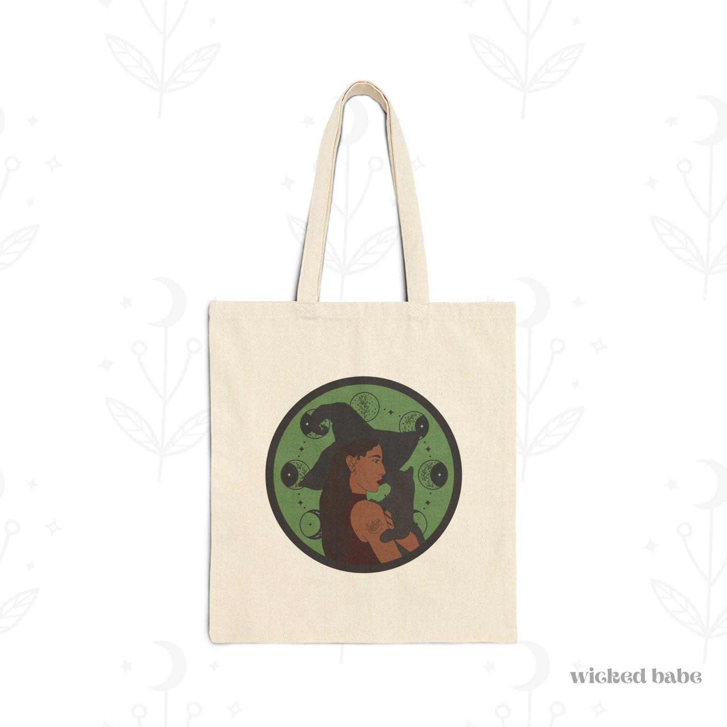 Witchy Woman Tote Bag - Celestial Witch and Black Cat Canvas Tote