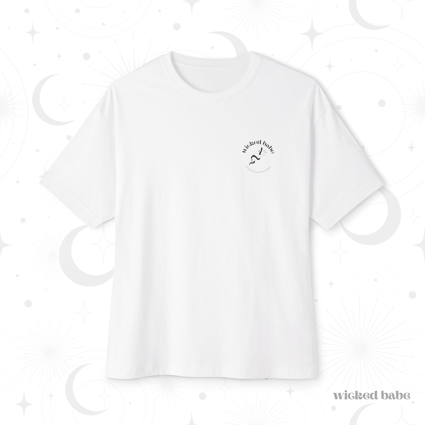 Oversized short sleeve white t-shirt with small black wicked babe hand with serpent logo in upper left pocket area