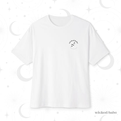 Oversized short sleeve white t-shirt with small black wicked babe hand with serpent logo in upper left pocket area