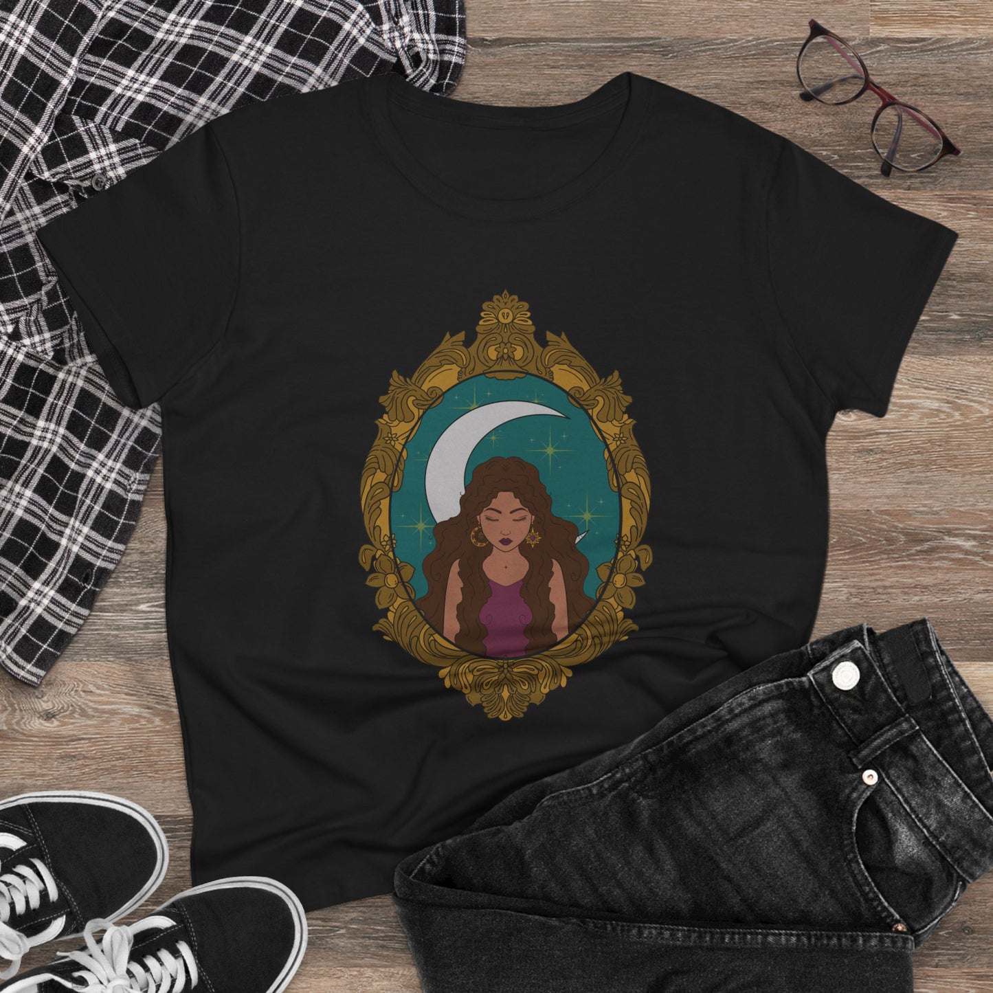 Mystical Moon Goddess T-Shirt - Womens Celestial Graphic Tee, Semi-Fitted Cotton Shirt
