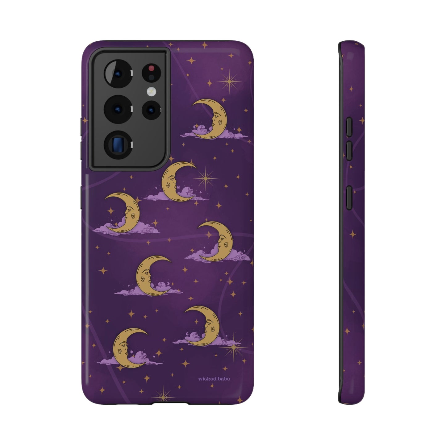 Samsung glossy phone case featuring purple celestial sky with gold crescent moon and stars
