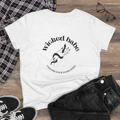 White short sleeve crewneck t-shirt with wicked babe hand with serpent logo in black on the front on a wooden surface with jeans and sneakers.