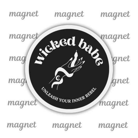 Charcoal circular refrigerator magnet with 'wicked babe' hand with serpent logo in white with a white border