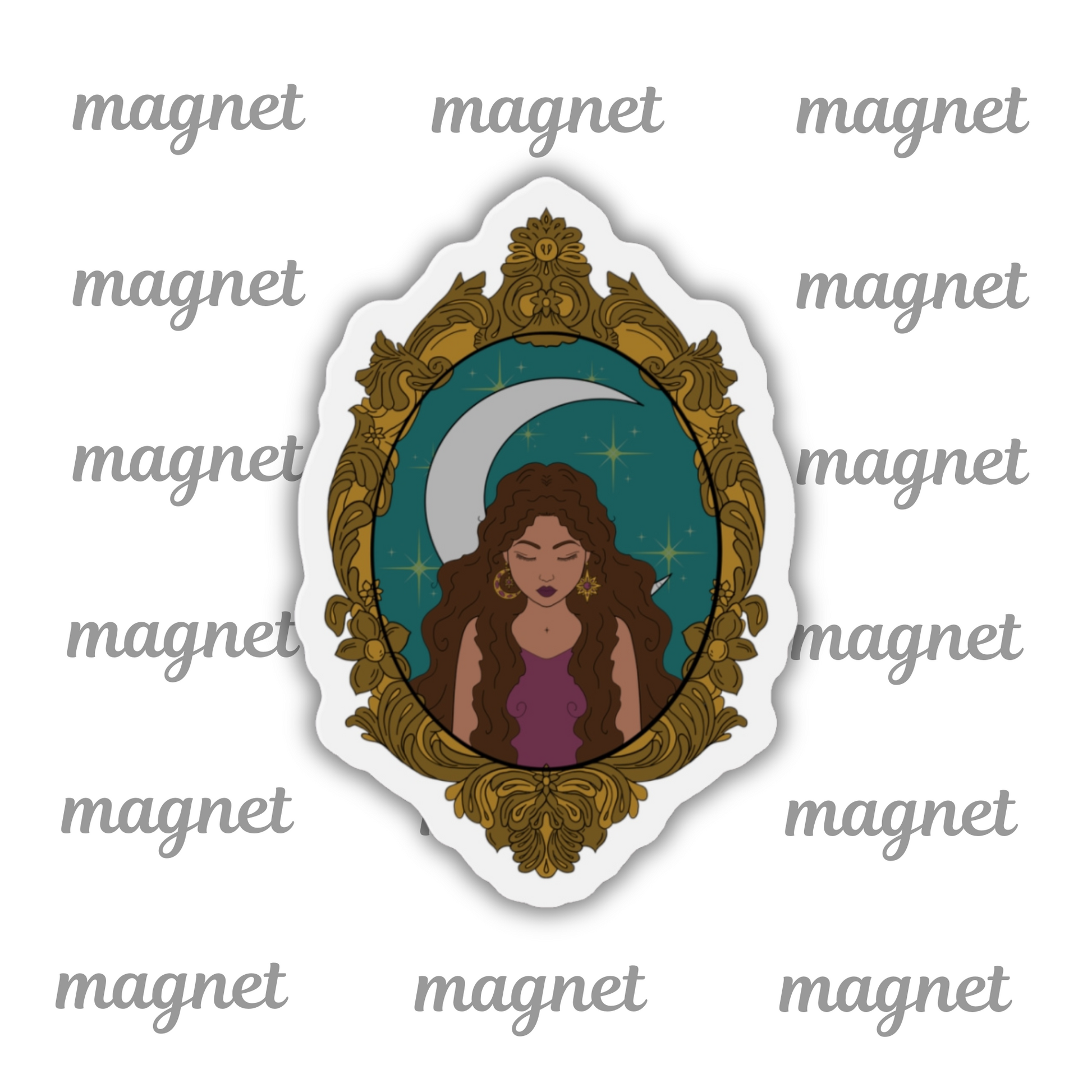 Refrigerator magnet with design of a tan skinned woman with brown wavy hair wearing purple in front of large crescent moon on a teal background surrounded by ornate gold frame with a white border