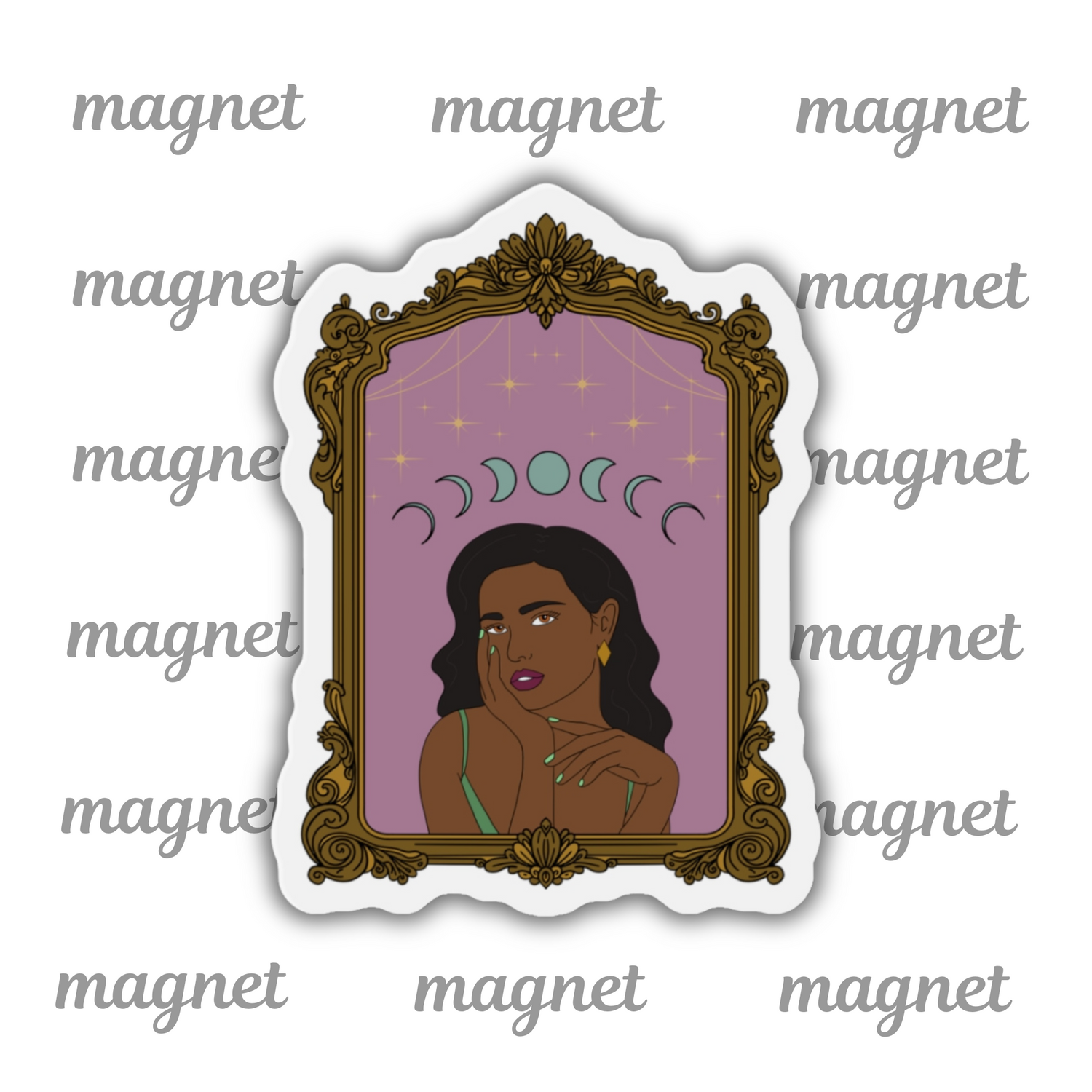 Refrigerator magnet with design of a dark skinned woman with black hair wearing green on a pink background with moon phases above surrounded by ornate gold frame with a white border