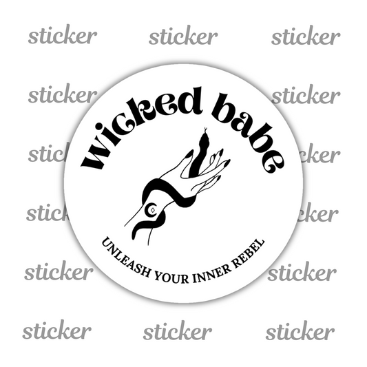 White circular sticker with 'wicked babe' hand with serpent logo in black