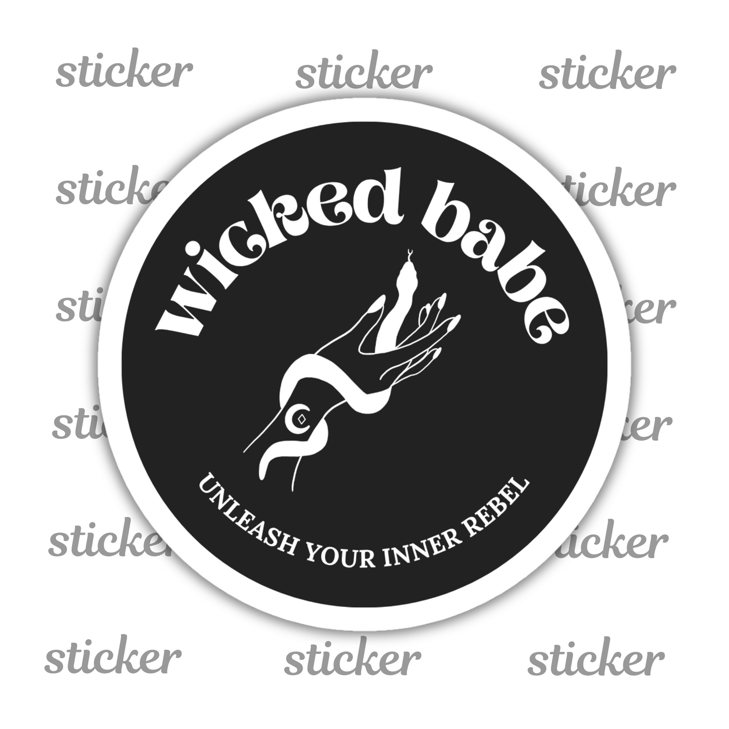 Charcoal circular sticker with 'wicked babe' hand with serpent logo in white with a white border