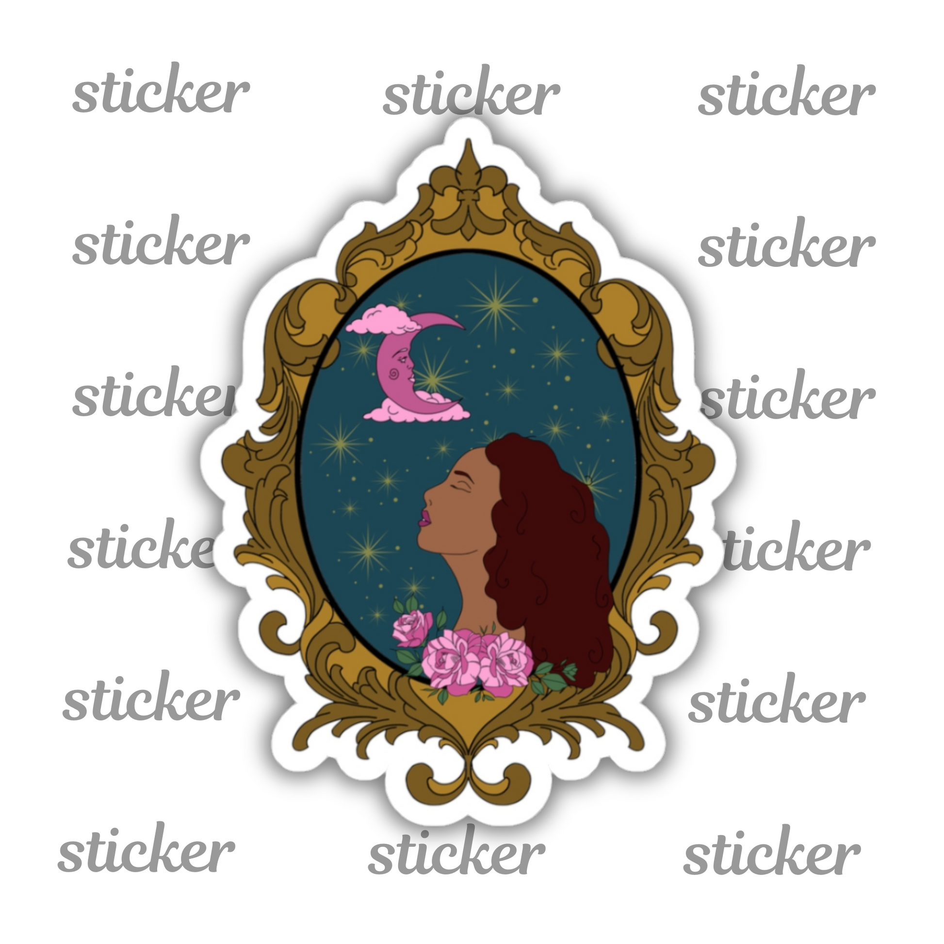 Sticker with design of a tan skinned woman with red brown wavy hair with pink flowers and a pink crescent moon above on a teal background surrounded by an ornate gold frame with a white border