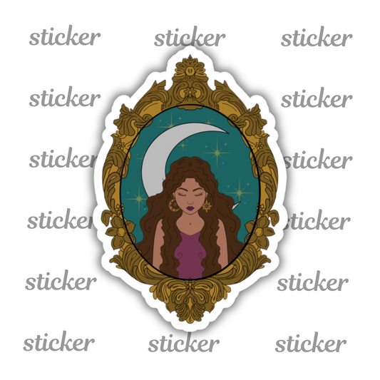 Sticker with design of a tan skinned woman with brown wavy hair wearing purple in front of large crescent moon on a teal background surrounded by ornate gold frame with a white border