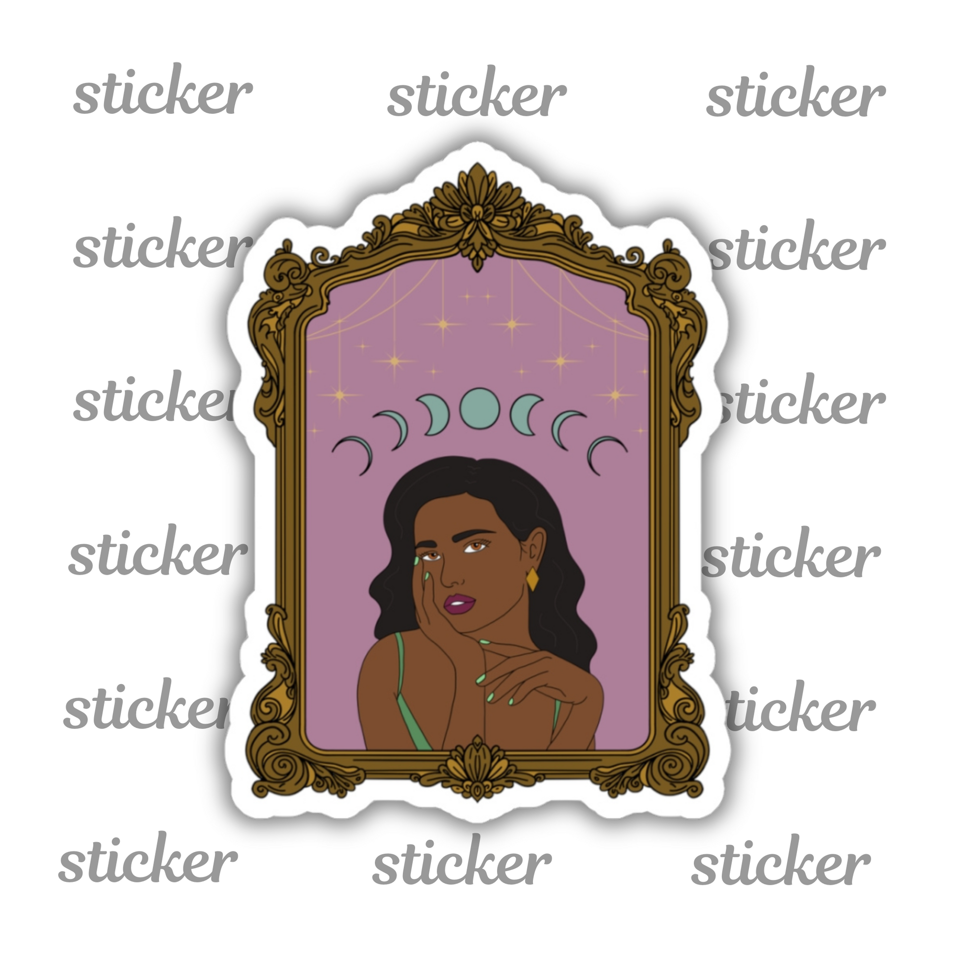 Sticker with design of a dark skinned woman with black hair wearing green on a pink background with moon phases above surrounded by ornate gold frame with a white border