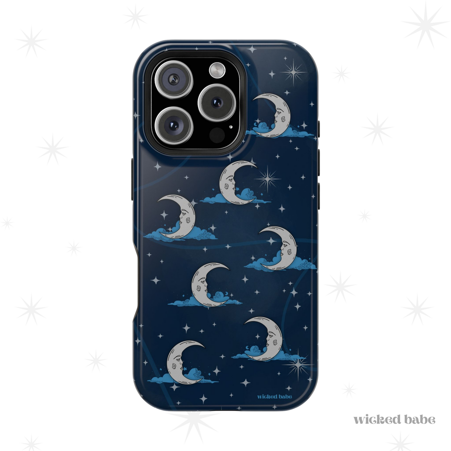 iPhone 16 Pro glossy phone case featuring blue celestial sky with silver crescent moon and stars