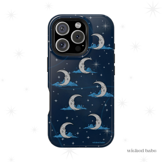iPhone 16 Pro glossy phone case featuring blue celestial sky with silver crescent moon and stars