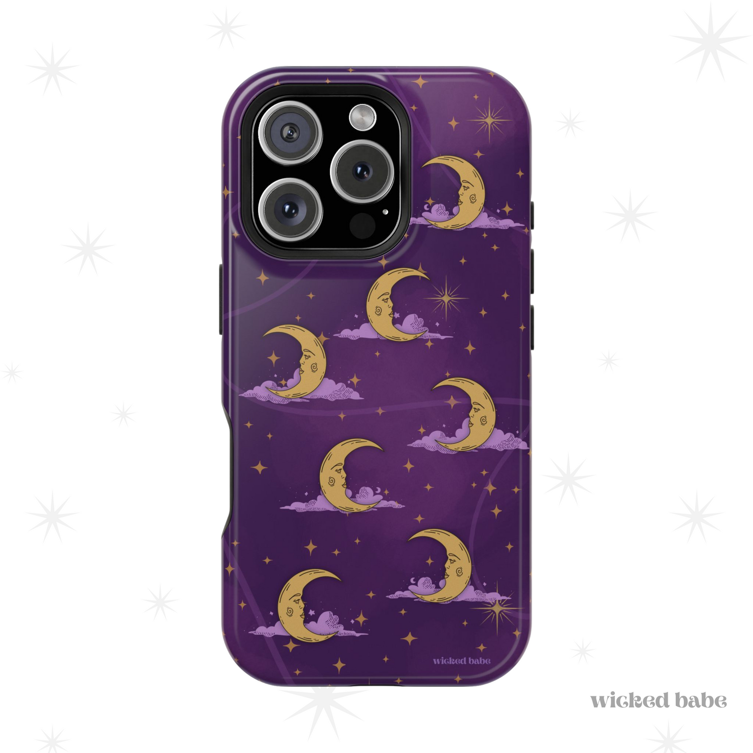 IPhone 16 pro glossy phone case featuring purple celestial sky with gold crescent moon and stars