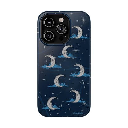 Whimsical Moonlit Sky Blue & Silver Phone Case - Celestial Moon and Stars iPhone Samsung