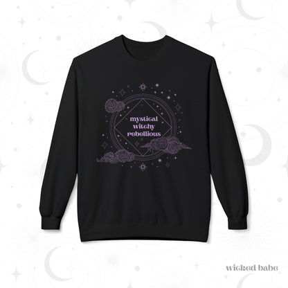Black long sleeve crewneck sweatshirt with mystical witchy rebellious text in purple surrounded by clouds and stars