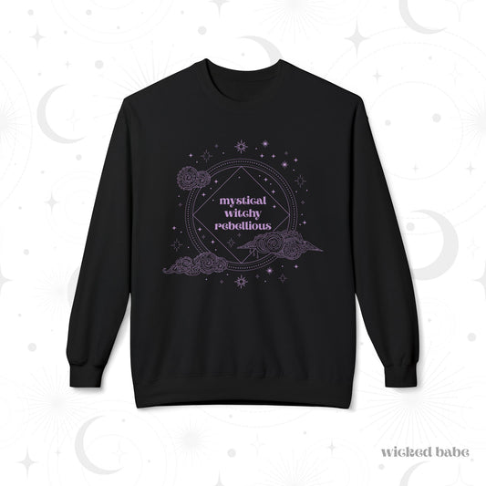 Black long sleeve crewneck sweatshirt with mystical witchy rebellious text in purple surrounded by clouds and stars