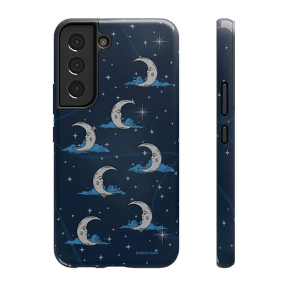 Whimsical Moonlit Sky Blue & Silver Phone Case - Celestial Moon and Stars iPhone Samsung