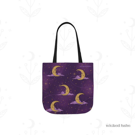 The back of a 13x13 inch tote bag with purple celestial sky with gold crescent moon and stars