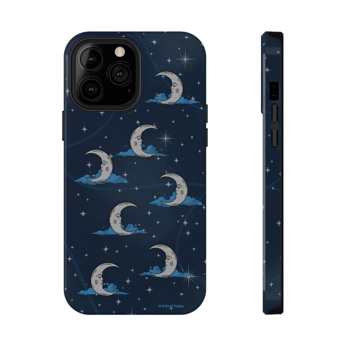 Whimsical Moonlit Sky Blue & Silver Phone Case - Celestial Moon and Stars iPhone Samsung