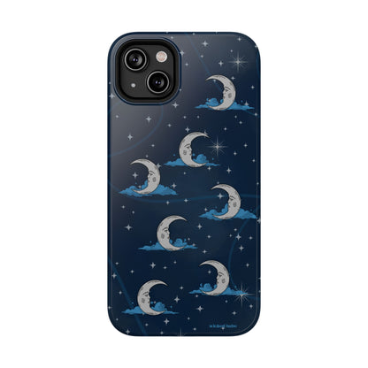 Whimsical Moonlit Sky Blue & Silver Phone Case - Celestial Moon and Stars iPhone Samsung