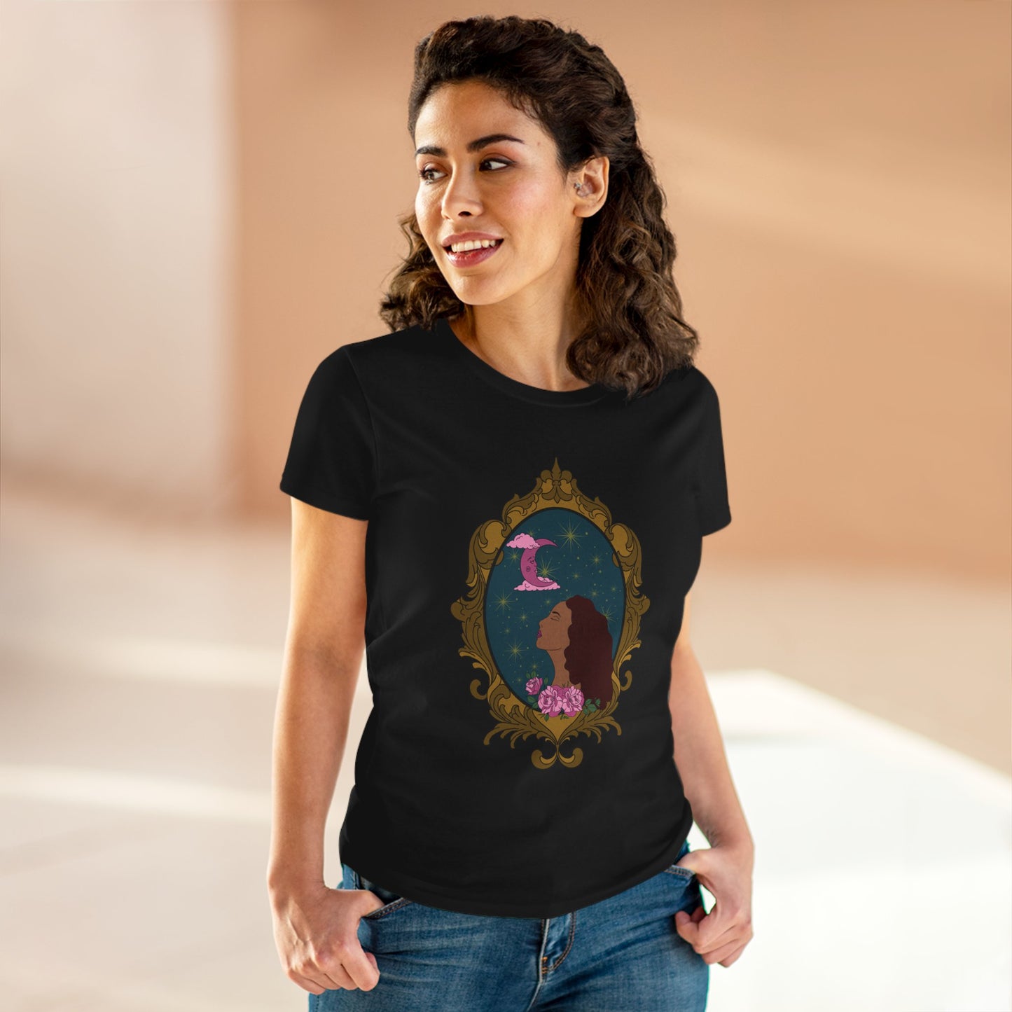 Moonlit Muse T-Shirt - Womens Celestial Graphic Tee, Semi-Fitted Cotton Shirt