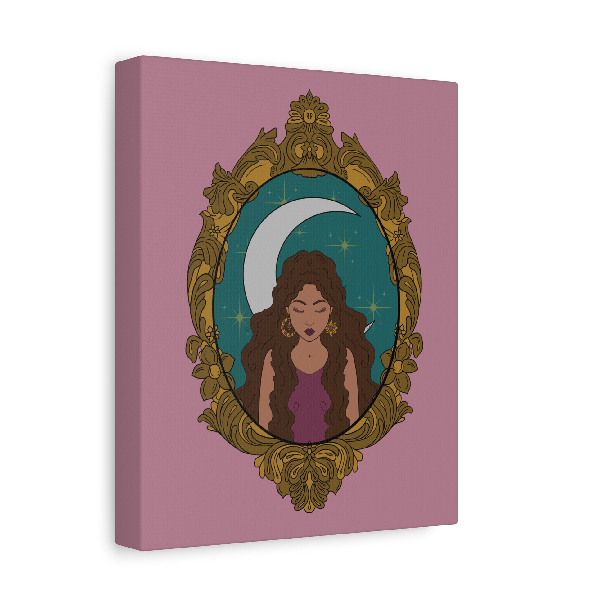 Side view of matte pink canvas wall art with design of a tan skinned woman with brown wavy hair wearing purple in front of large crescent moon on a teal background surrounded by ornate gold frame