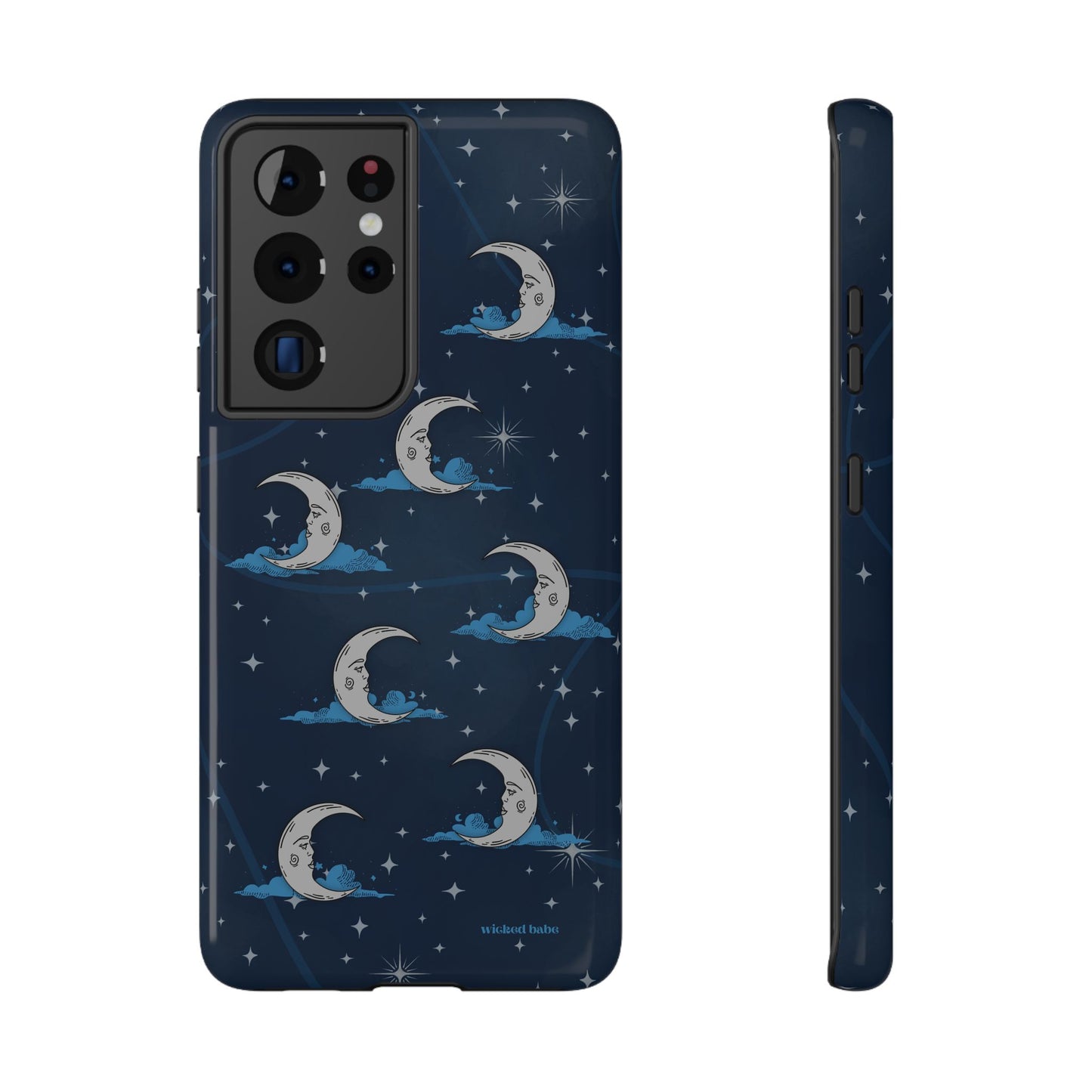 Samsung glossy phone case featuring blue celestial sky with silver crescent moon and stars