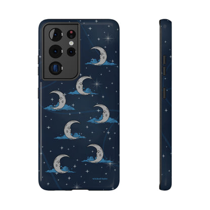 Samsung glossy phone case featuring blue celestial sky with silver crescent moon and stars