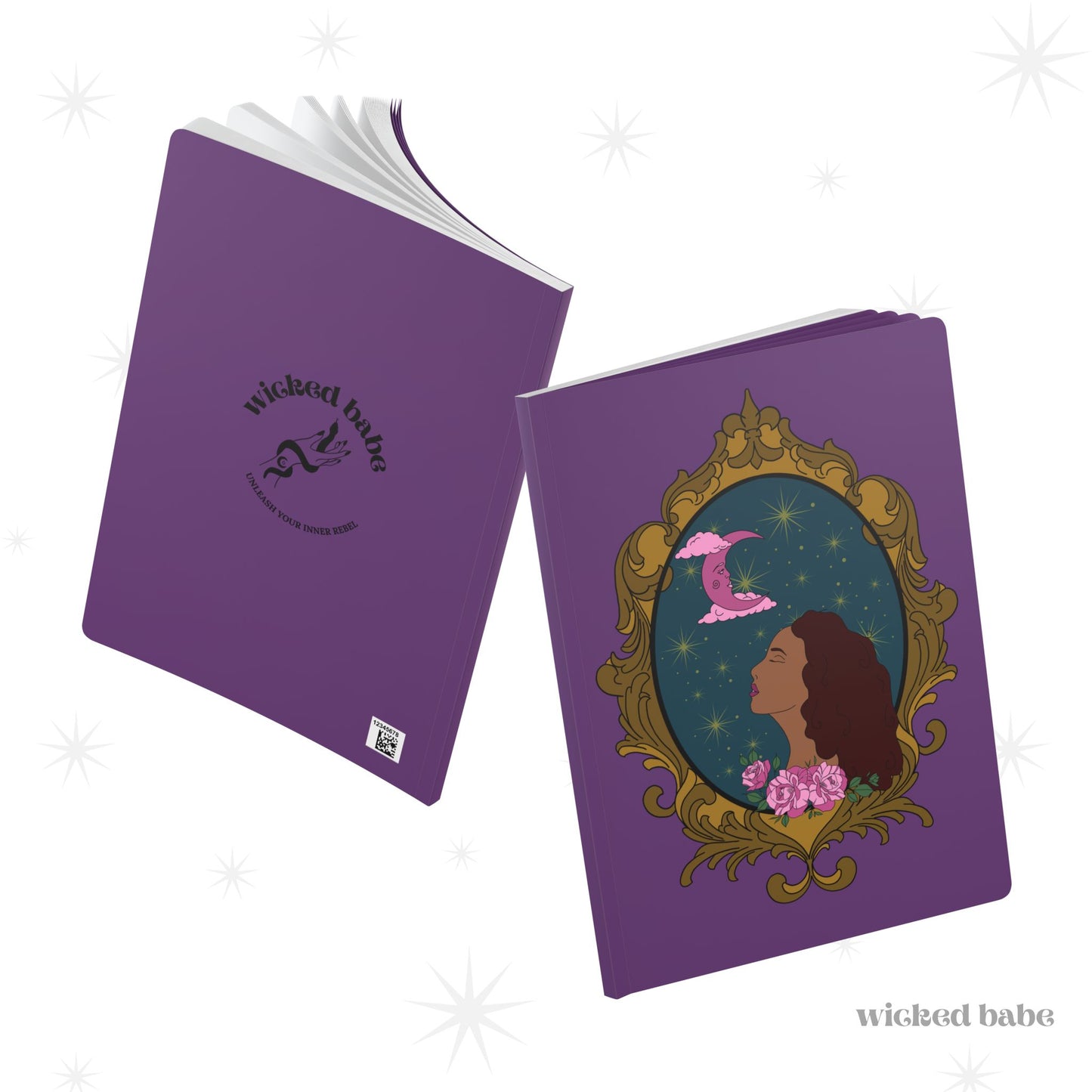 Front and back cover of purple softcover journal notebook with design of a tan skinned woman with red brown wavy hair with pink flowers and a pink crescent moon above on a teal background surrounded by an ornate gold frame on front and black wicked babe hand with serpent logo on back