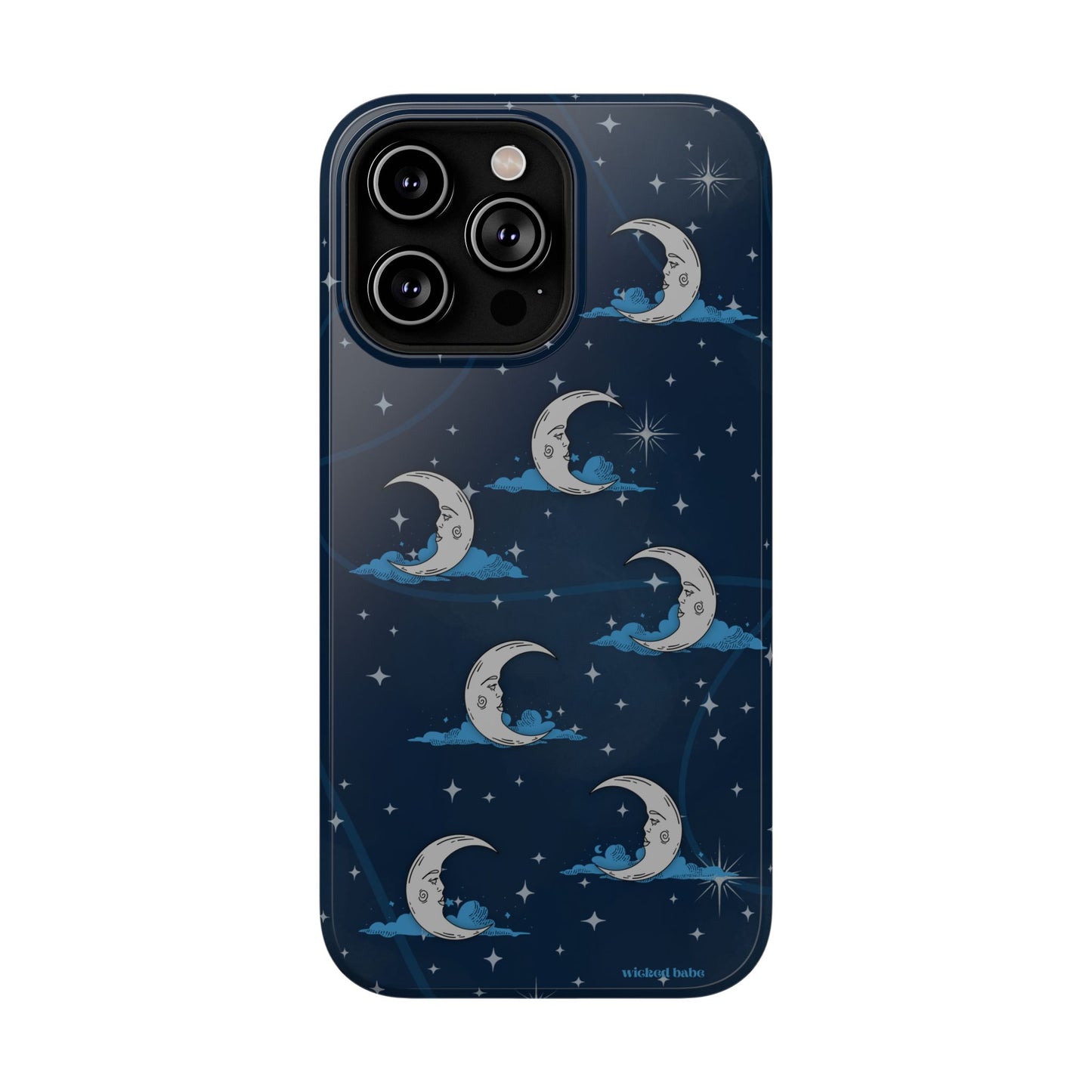 Whimsical Moonlit Sky Blue & Silver Phone Case - Celestial Moon and Stars iPhone Samsung