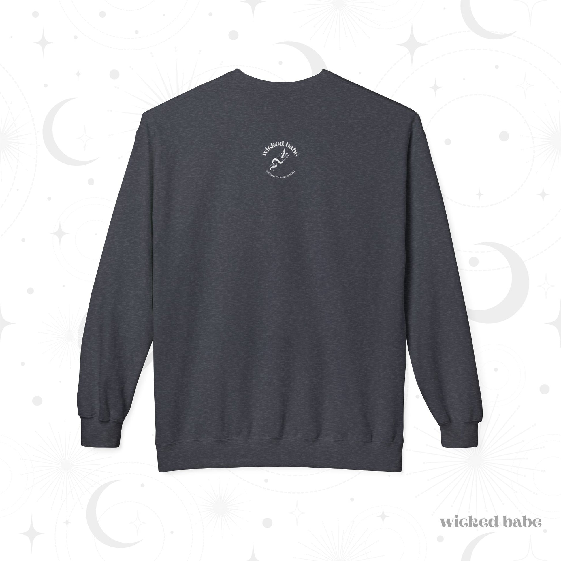 The back of a dark heather gray crewneck long sleeve pullover sweatshirt featuring the wicked babe in white in the upper neck area