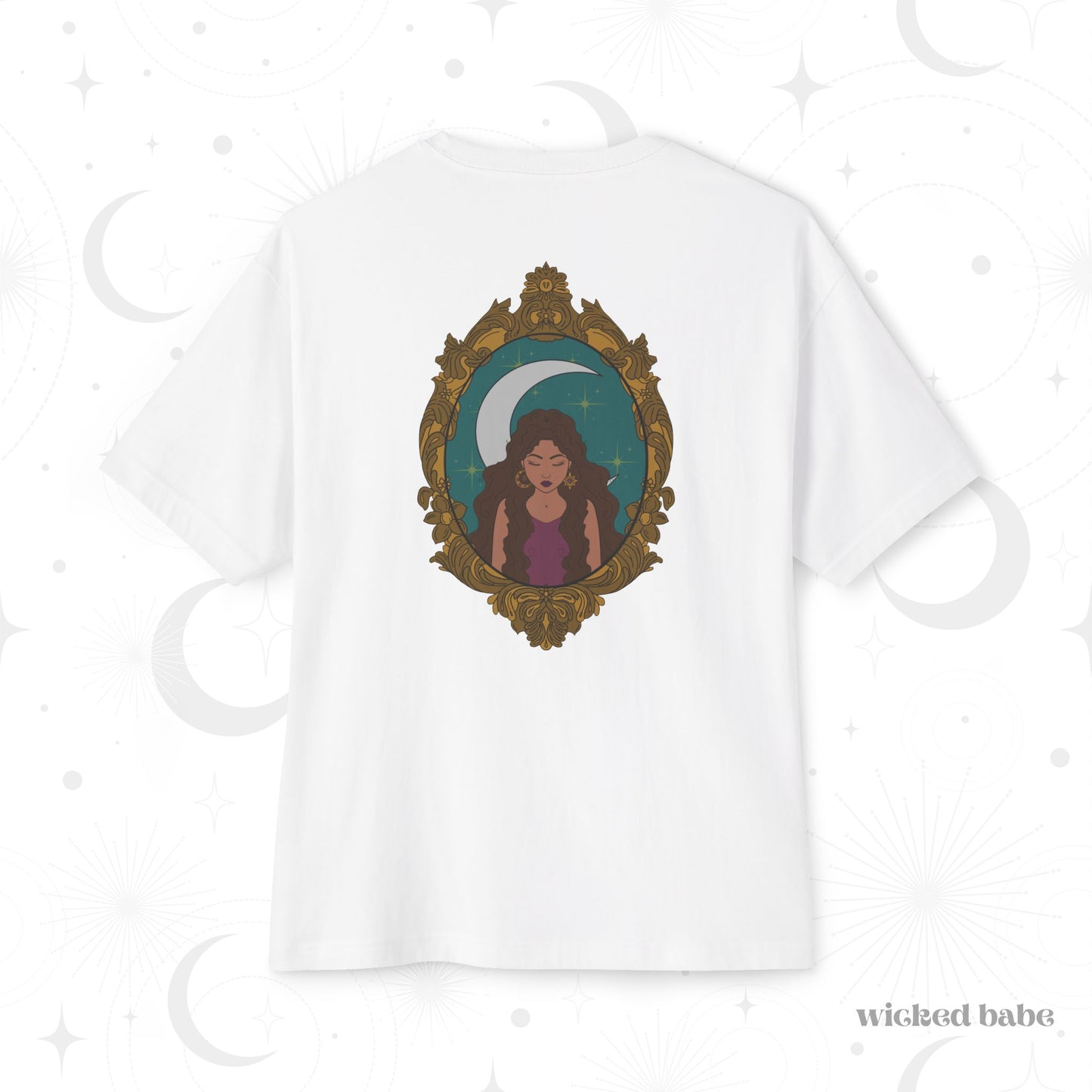Oversized short sleeve white t-shirt with a design of a tan skinned woman with brown wavy hair wearing purple in front of large crescent moon on a teal background surrounded by ornate gold frame on the back