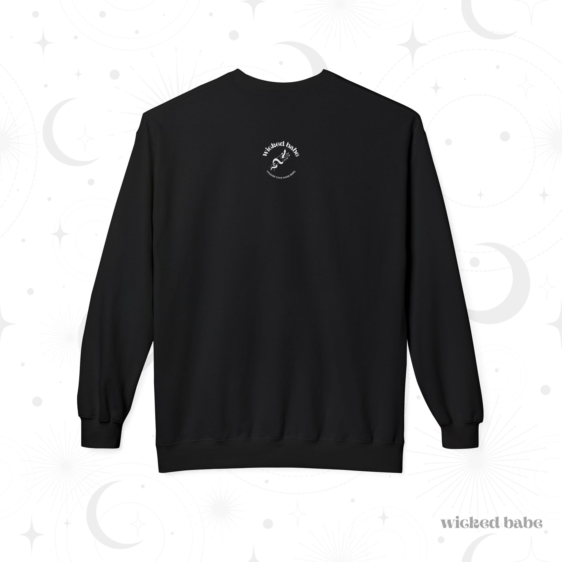 The back of a black crewneck long sleeve pullover sweatshirt featuring the wicked babe in white in the upper neck area