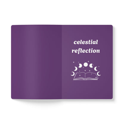 Inside first page of purple journal notebook with celestial reflection text in white and a book with moon phases graphic