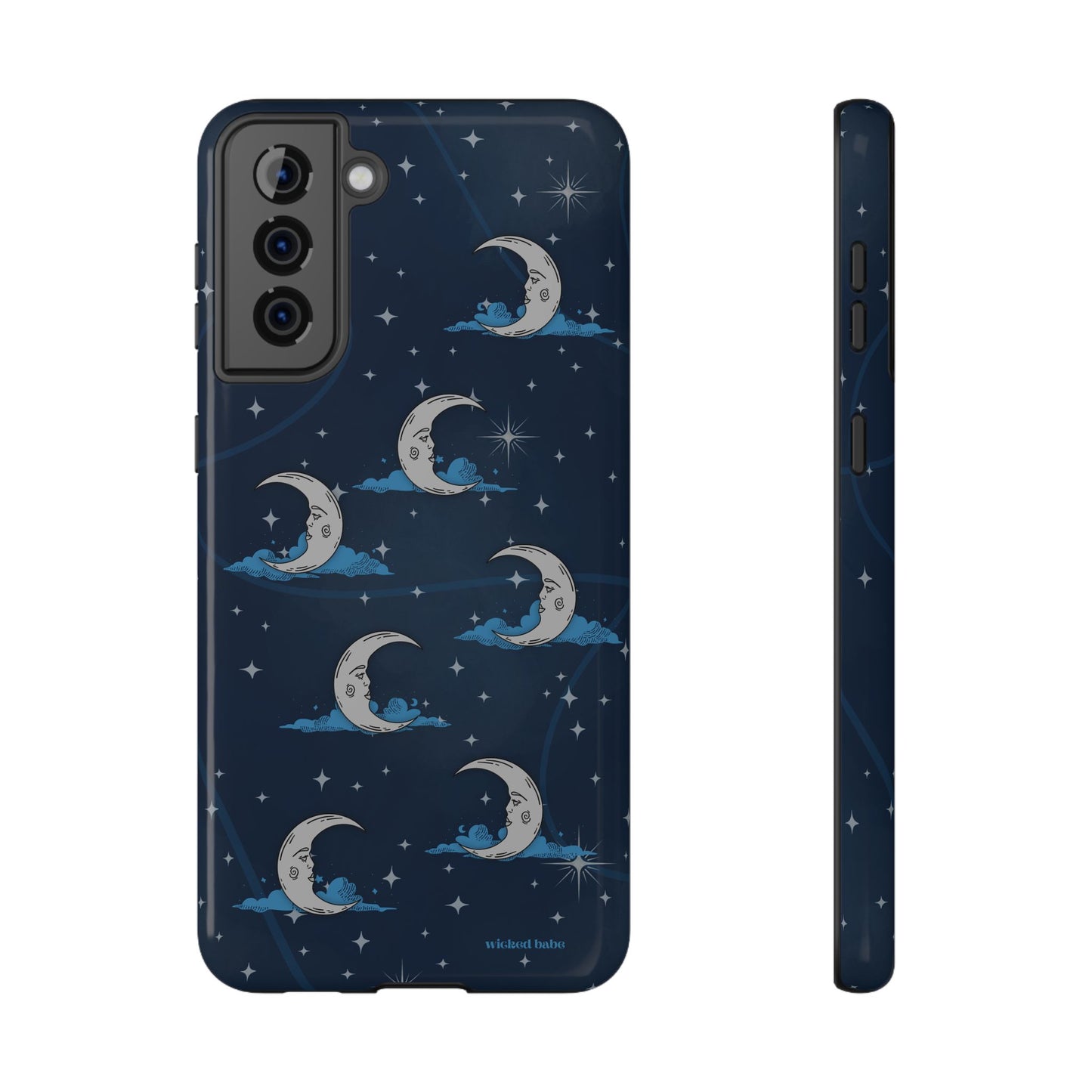 Whimsical Moonlit Sky Blue & Silver Phone Case - Celestial Moon and Stars iPhone Samsung