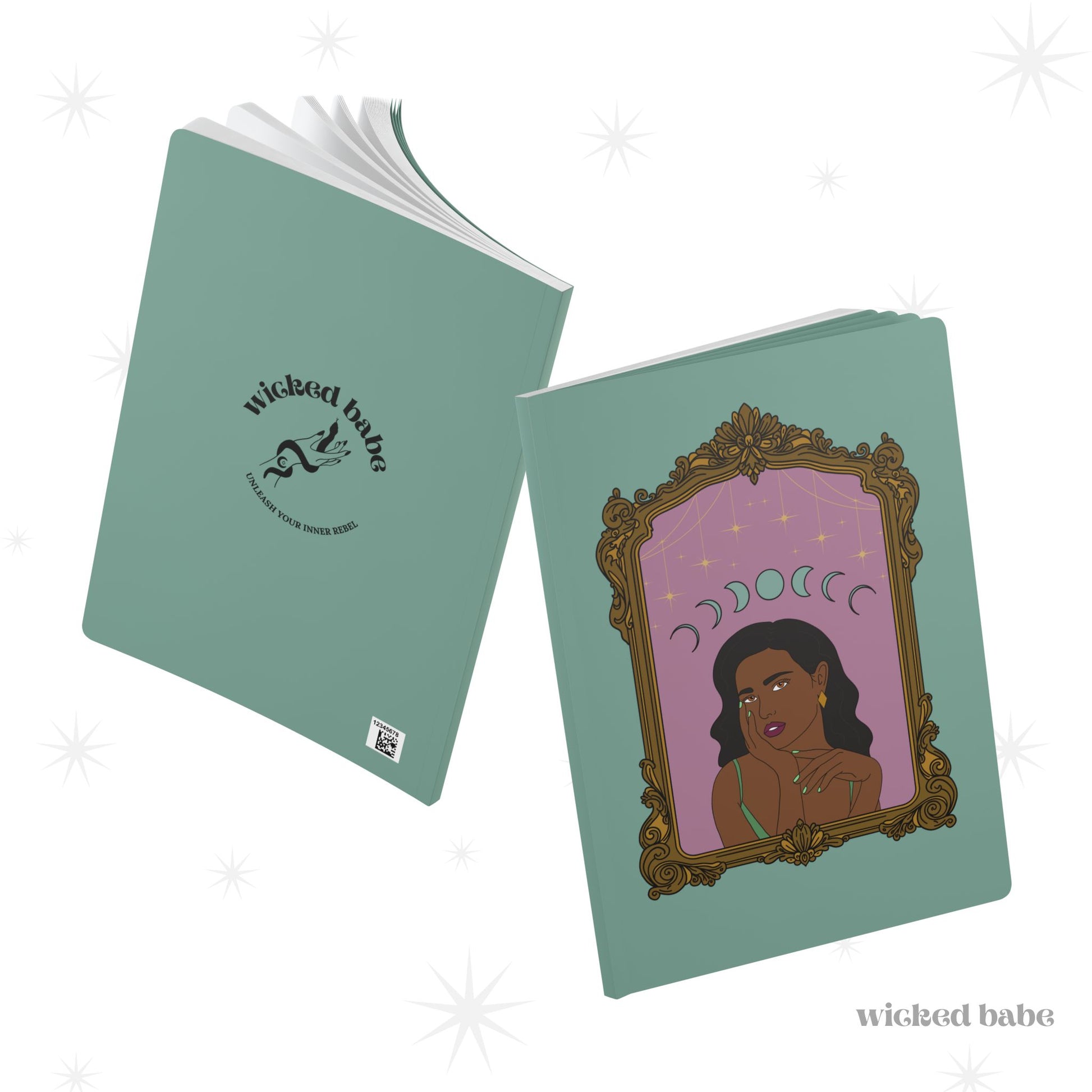 Front and back cover of green softcover journal notebook with design of a dark skinned woman with black hair wearing green on a pink background with moon phases above surrounded by ornate gold frame on the front and black wicked babe hand with serpent logo in the center on the back