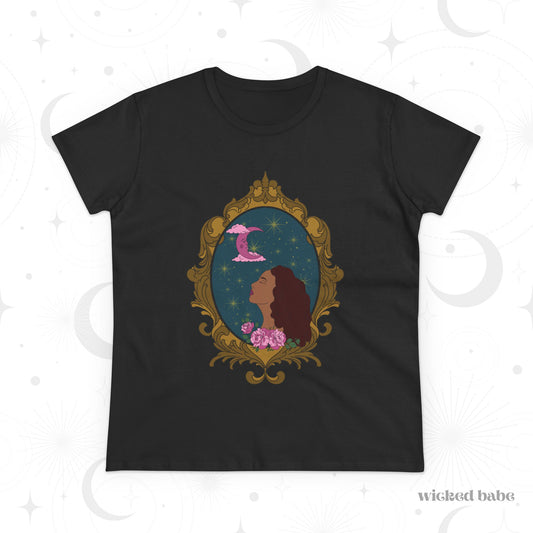 Moonlit Muse T-Shirt - Womens Celestial Graphic Tee, Semi-Fitted Cotton Shirt
