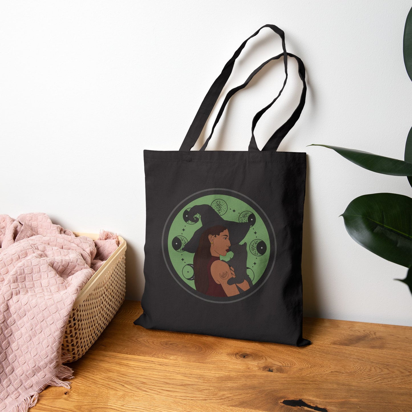 Witchy Woman Tote Bag - Celestial Witch and Black Cat Canvas Tote