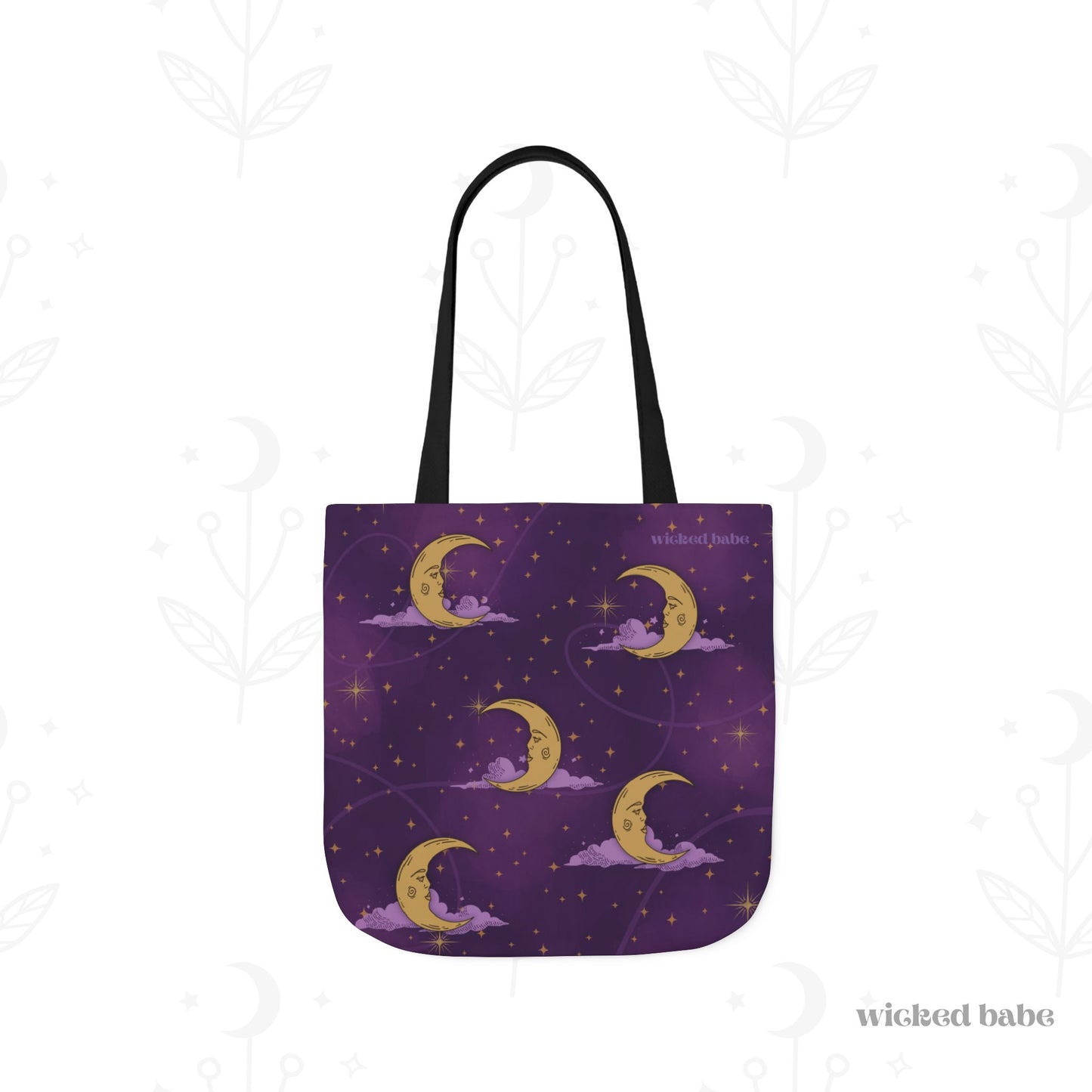 The back of a 16x16 inch tote bag with purple celestial sky with gold crescent moon and stars