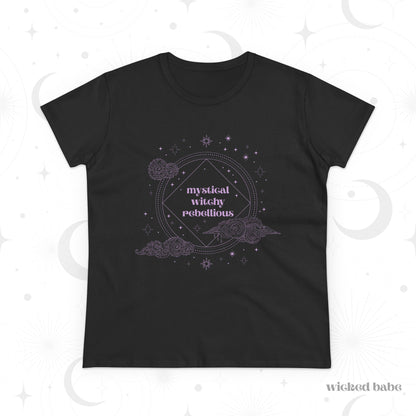 Black short sleeve crewneck t-shirt with mystical witchy rebellious text in purple surrounded by clouds and stars
