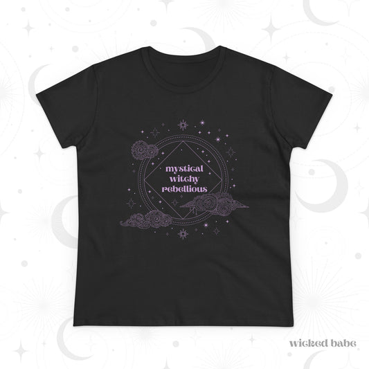 Black short sleeve crewneck t-shirt with mystical witchy rebellious text in purple surrounded by clouds and stars