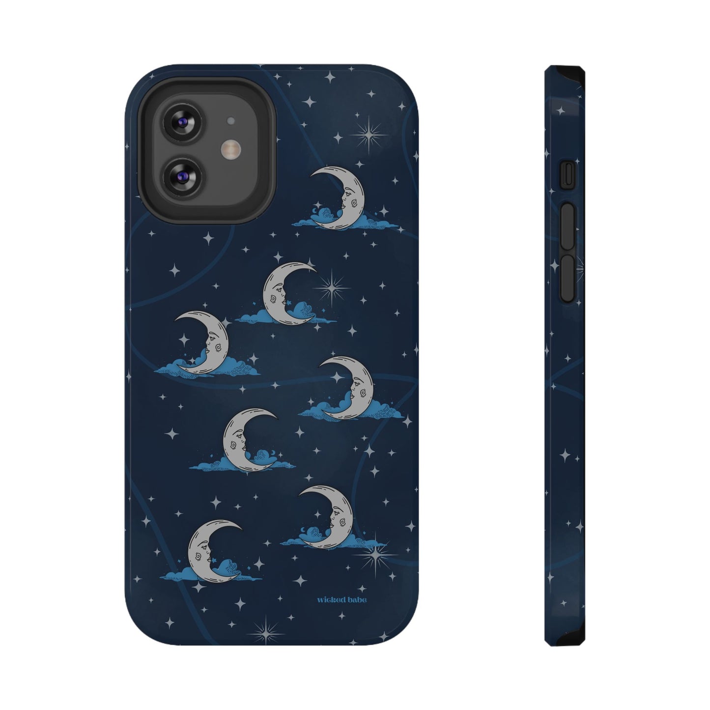 Whimsical Moonlit Sky Blue & Silver Phone Case - Celestial Moon and Stars iPhone Samsung